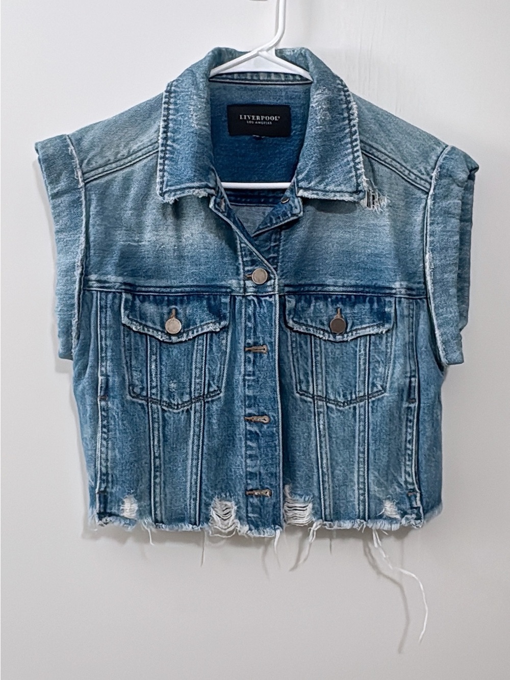 Liverpool Distressed Light Blue Cropped Denim Vest
